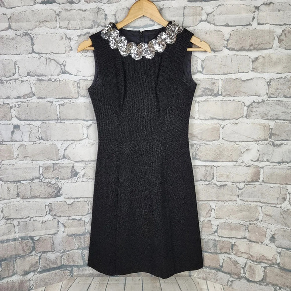 Vintage Leumann Italian Made Crepe Fit and Flare Dress Black Sequin Collar - Picture 2 of 14